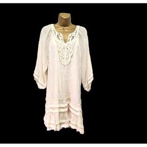 L Love Cream Cotton Gauze Tiered Peasant Dress S Embroidered Boho Fairy Ethereal